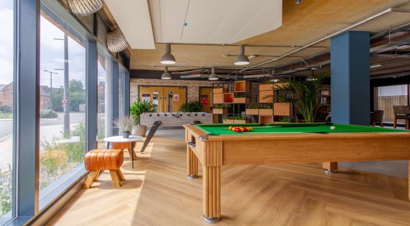 Game room with pool table and foosball at The Croft student accommodation in Derby