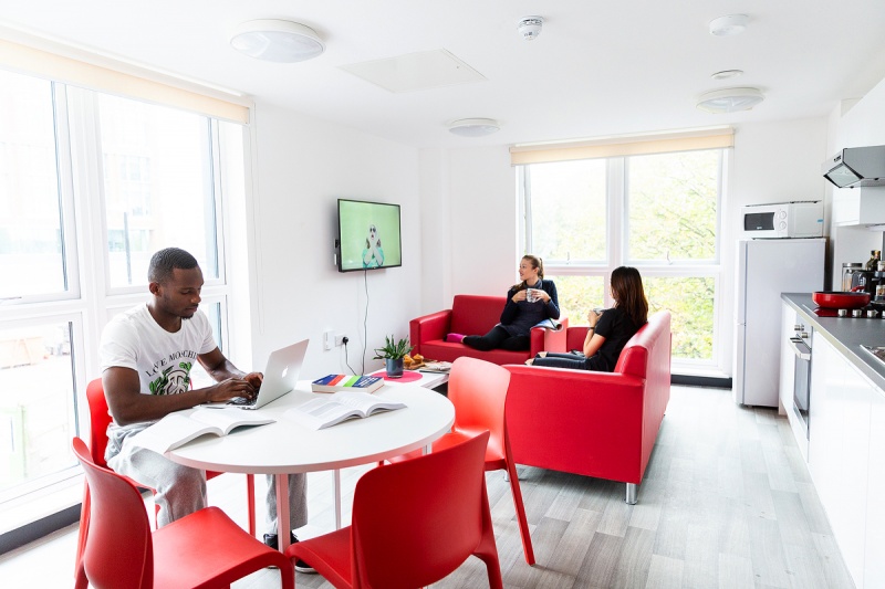 Students in the communal shared area with TV, sofas and dining table at  Abbey House, Coventry