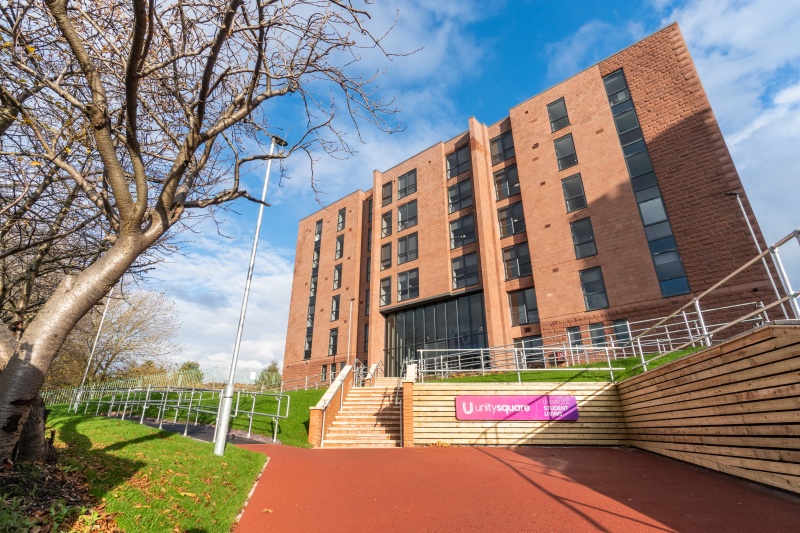 Modern exterior view of Unity Square student accommodation in Liverpool