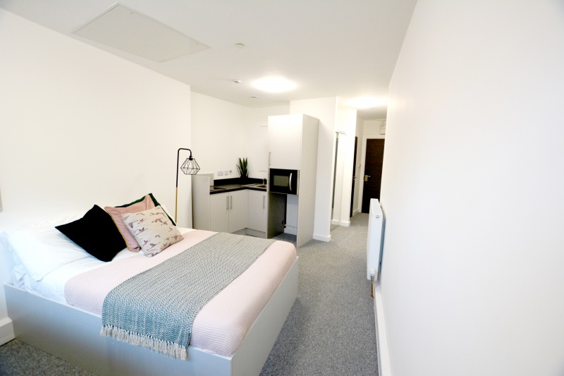 View of a spacious double bed studio at Sheffield student accommodation The Paper Works