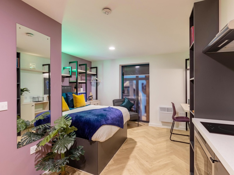 studio apartment at Arcadian Nottingham student accommodation with a comfortable bed, study area, ki