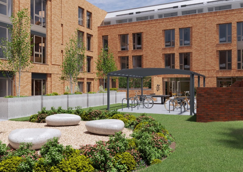 Outdoor garden area with seating at Fusion York student accommodation