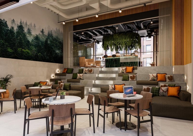  multi-level lounge area with steps leading to a seating area, colorful pillows, and large windows o
