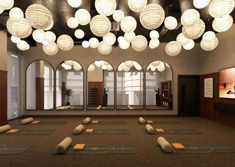 Modern yoga room at Fusion Leeds for wellbeing and relaxation.