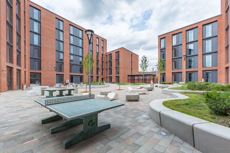 Relaxing outdoor courtyard at Lumis Student Living student accommodation in Leicester