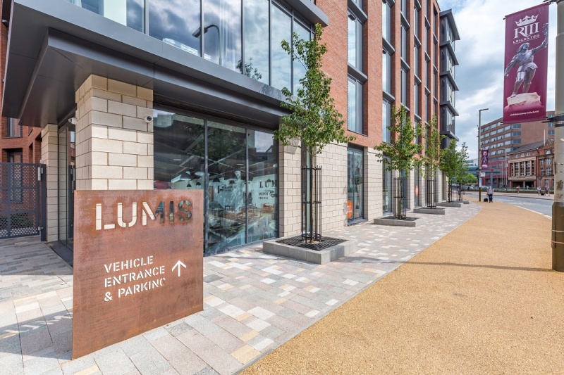 Modern exterior view of Lumis Student Living student accommodation in Leicester