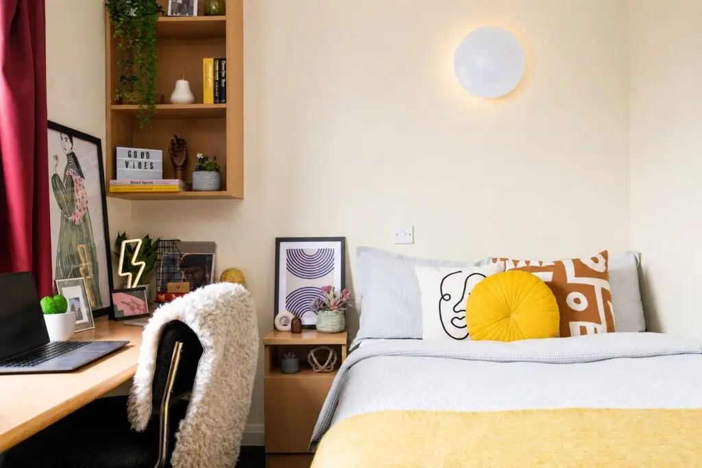 view of a room at Westhill Hall, bed and study desk