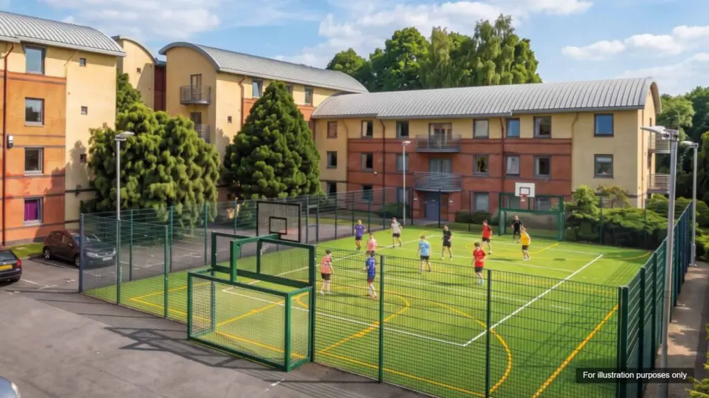 Clarence Dock Village sport picht, accommoadation in Leeds