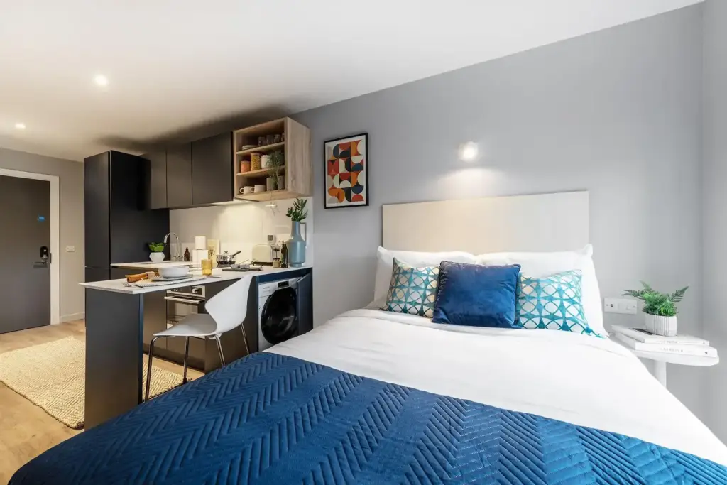 bed, study desk, this is a premium studio at Huxley Studios in Edinburgh