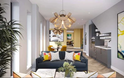 Common space with sofas and bright windows at Hydrogen Falmouth Accommodation