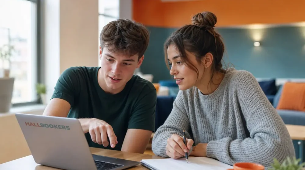 Two students at a laptop, one searching online and one taking notes, in a student accommodation common room