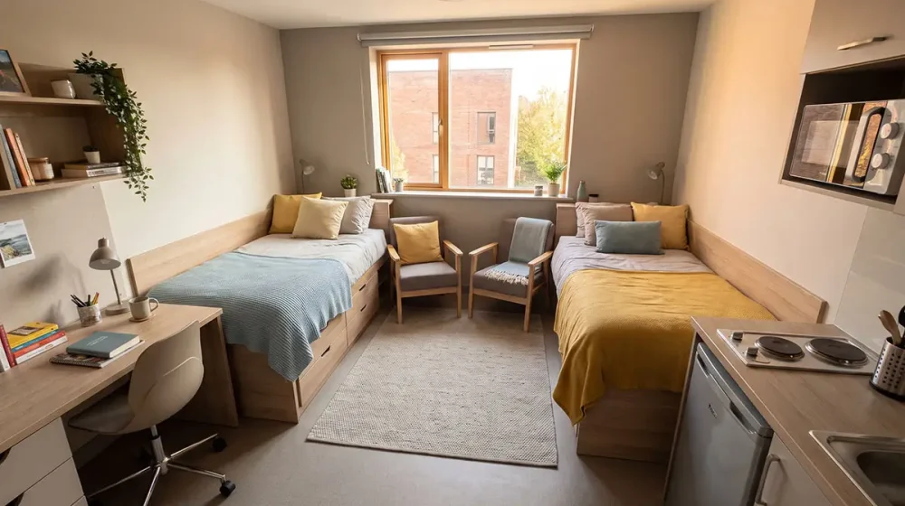 A modern twin studio in UK purpose-built student accommodation, designed for two residents.