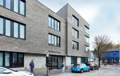 View of the exterior building, entrance to Ravilious House student accommodation in Brighton