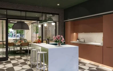 Shared kitchen area at Fusion Liverpool with modern appliances and clean design