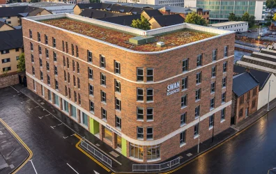 drone view of the Swan residences building in Glasgow