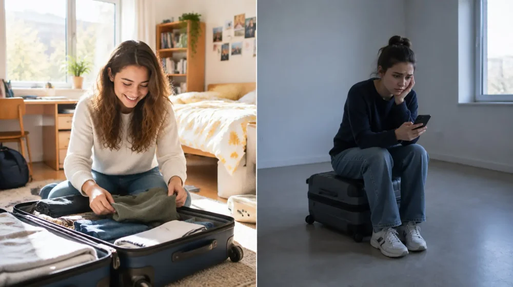 Left half: a young student unpacking a suitcase in a bright, sunlit student dorm room. Right half: a young student sitting on a closed suitcase in a sparse, empty room, looking at their phone with a worried expression.