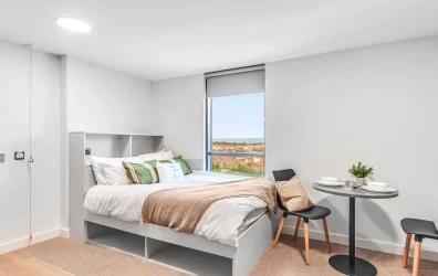 Studio bed seating-area at the student accommodation in Belfast The Edge