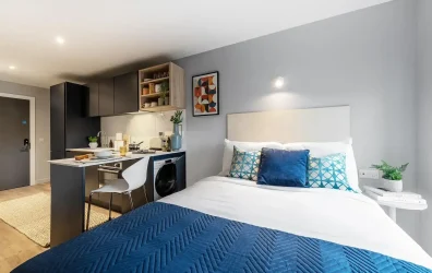 bed, study desk, this is a premium studio at Huxley Studios in Edinburgh