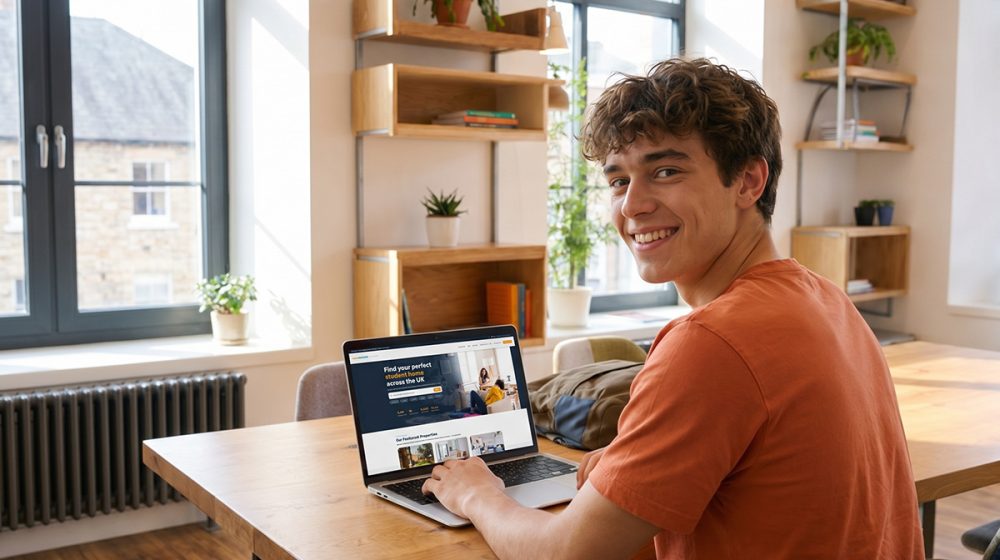 Student smiling at the camera while browsing the Hallbookers website on his laptop at a wooden desk