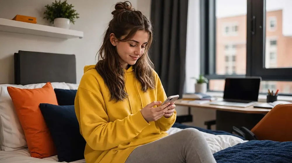 Student writing a review of their student accommodation on a smartphone