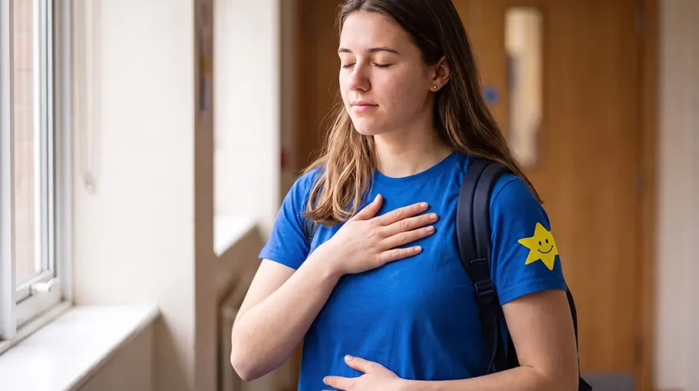 Female student with eyes closed, one hand on her chest and one on her abdomen, in a university corridor