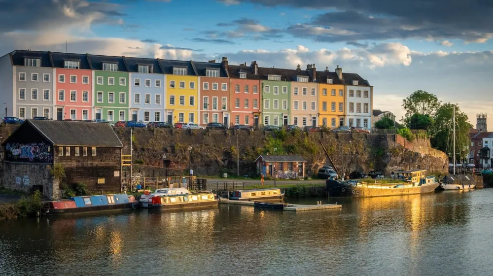 View of the city of Bristol, famous colorful building on the river